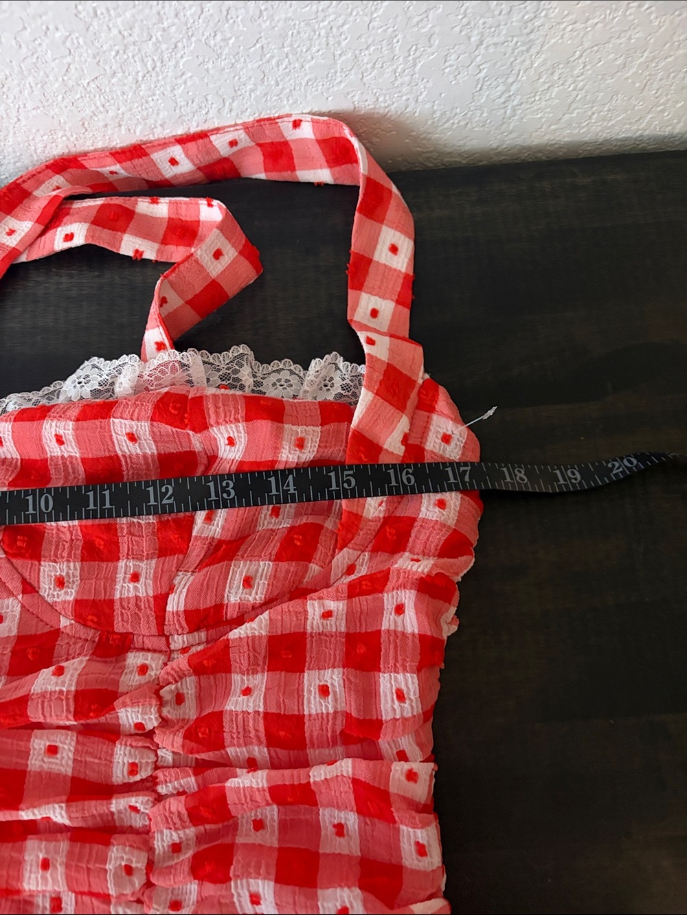 Cider Red & White Gingham Check Lace Trimmed Retro Ruched Mini Dress Size XL - Picture 7 of 8